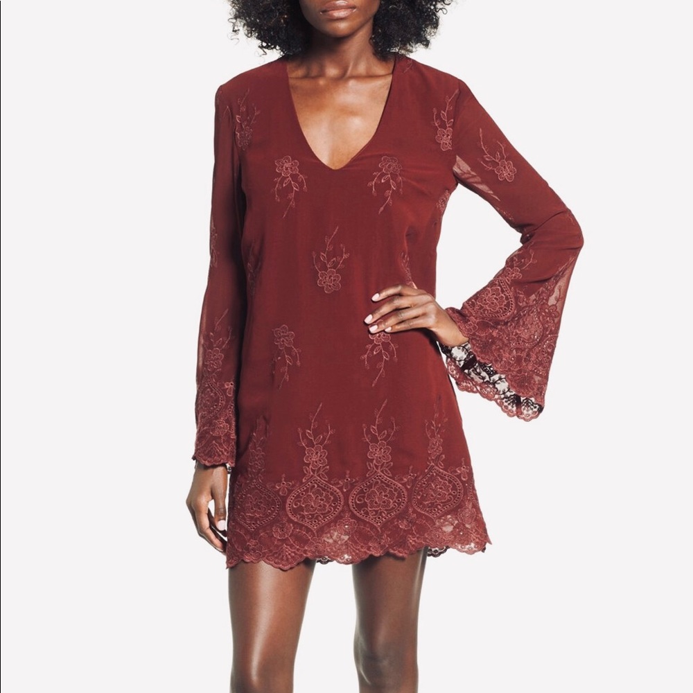 WAYF Embroidered Bell Sleeve Shift Dress